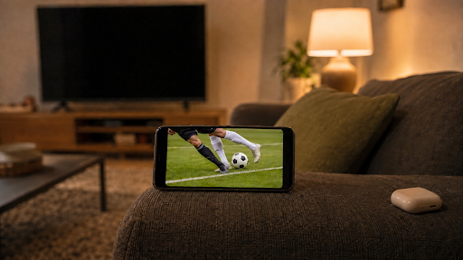 Smartphone streaming football on couch
